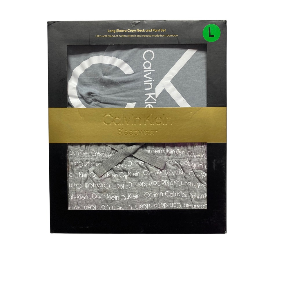 Calvin Klein Mens Sleepwear Set Grey Long Sleeve Logo Top and Pant Large NIB